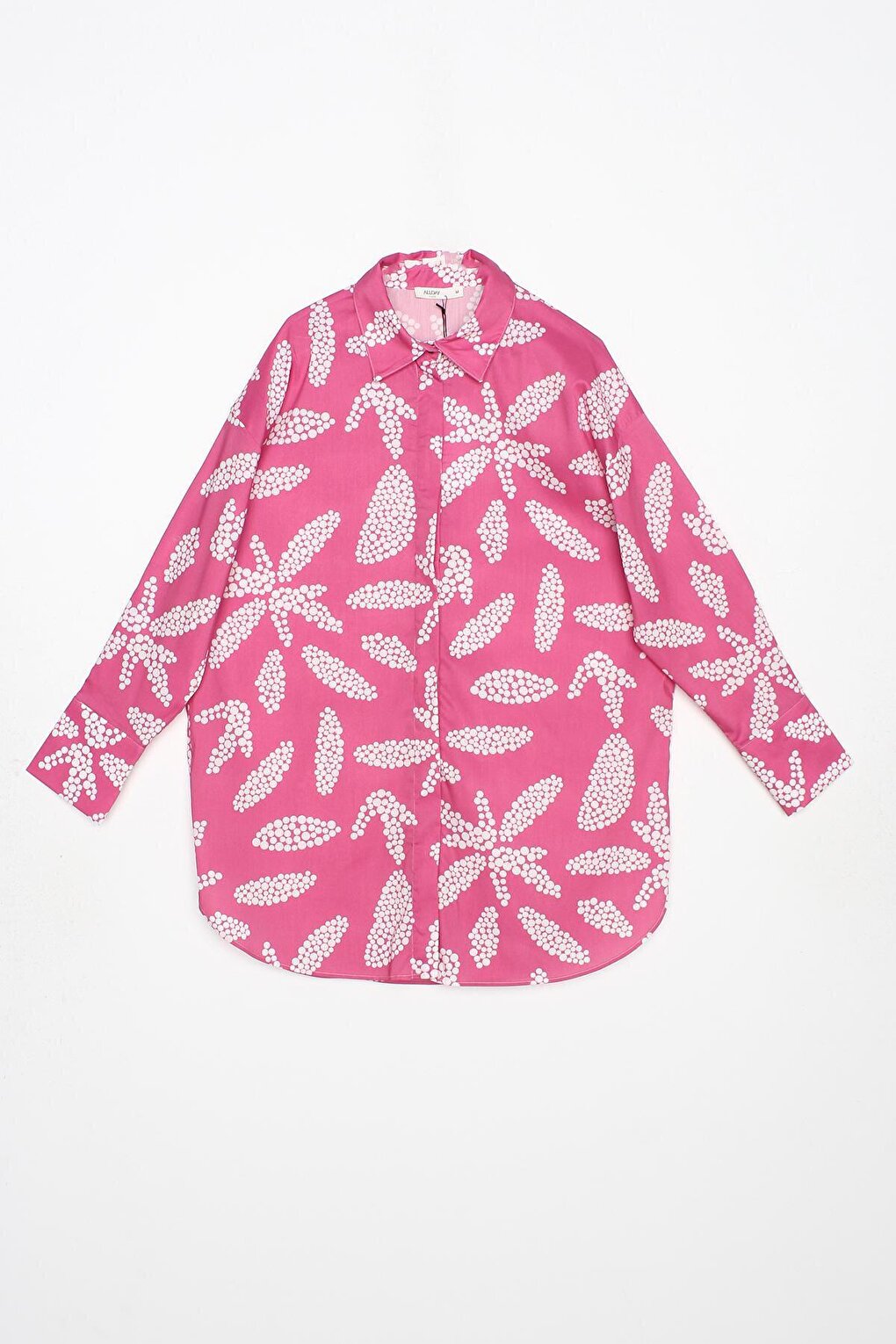 Pink-White 100% Cotton Hidden Placket Oversized Patterned Shirt Tunic