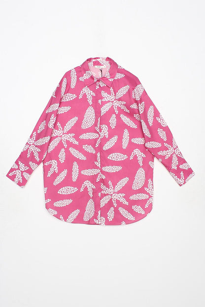 Pink-White 100% Cotton Hidden Placket Oversized Patterned Shirt Tunic