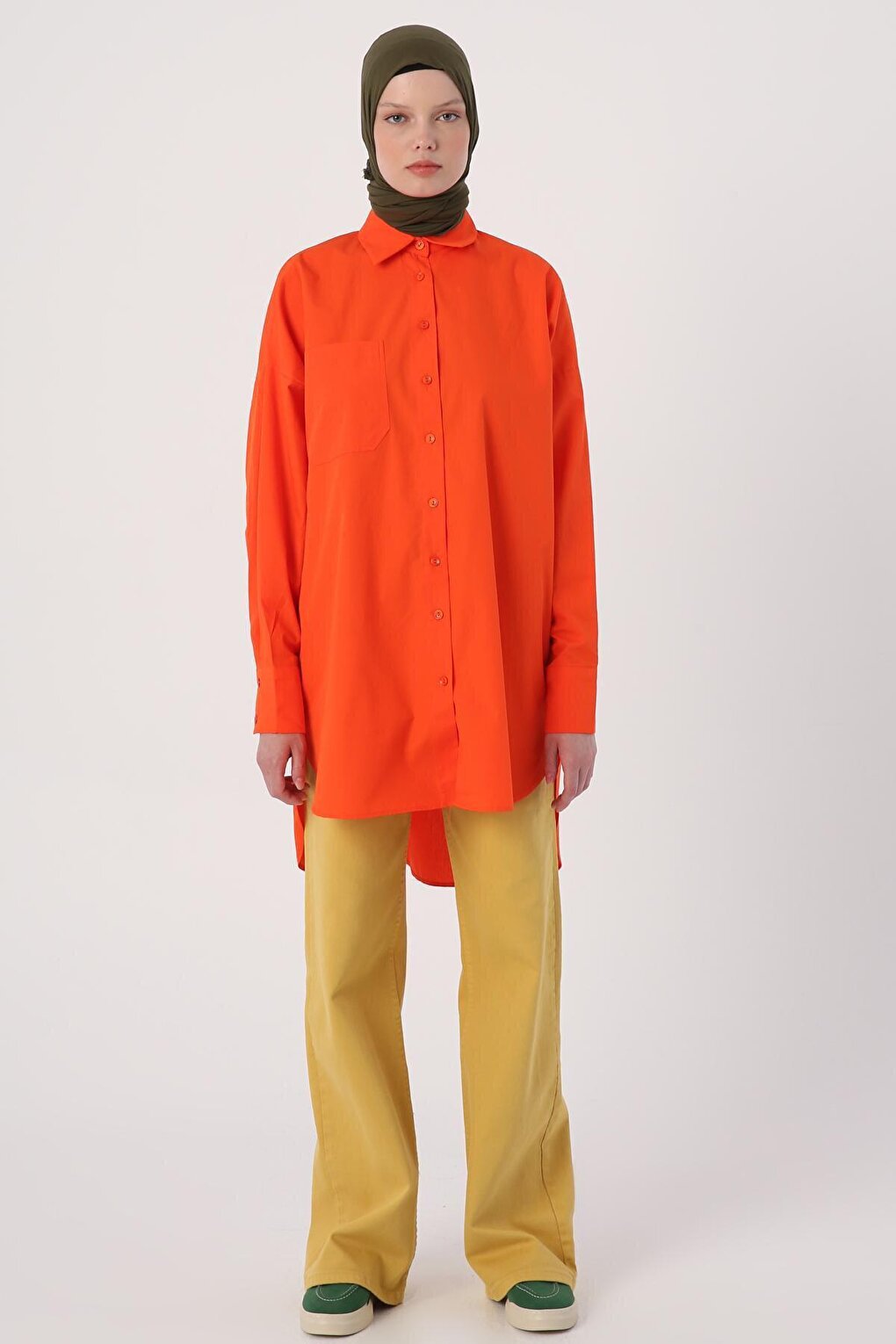 Orange 100% Cotton Oversize Pocketed Shirt Tunic