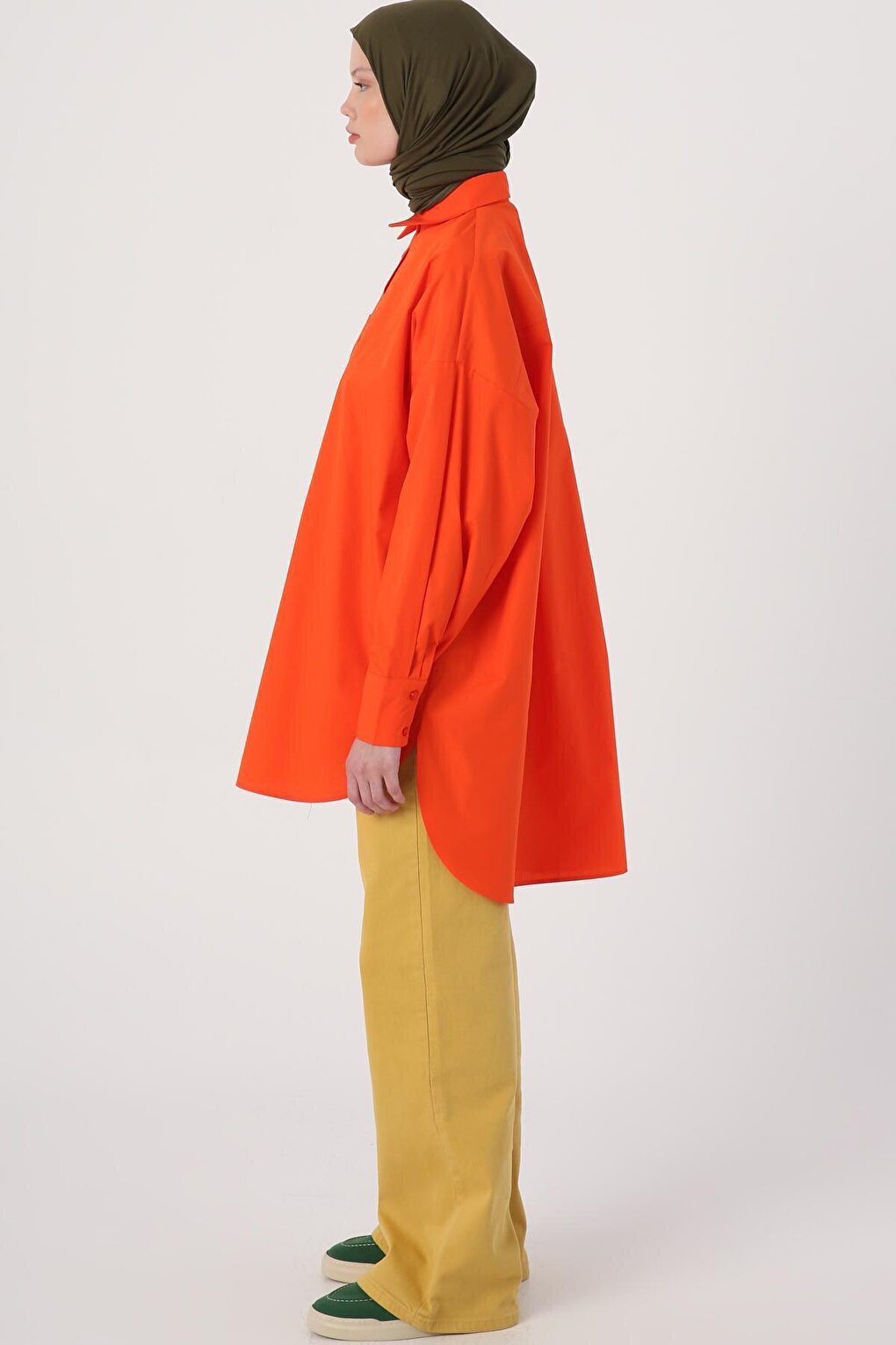 Orange 100% Cotton Oversize Pocketed Shirt Tunic