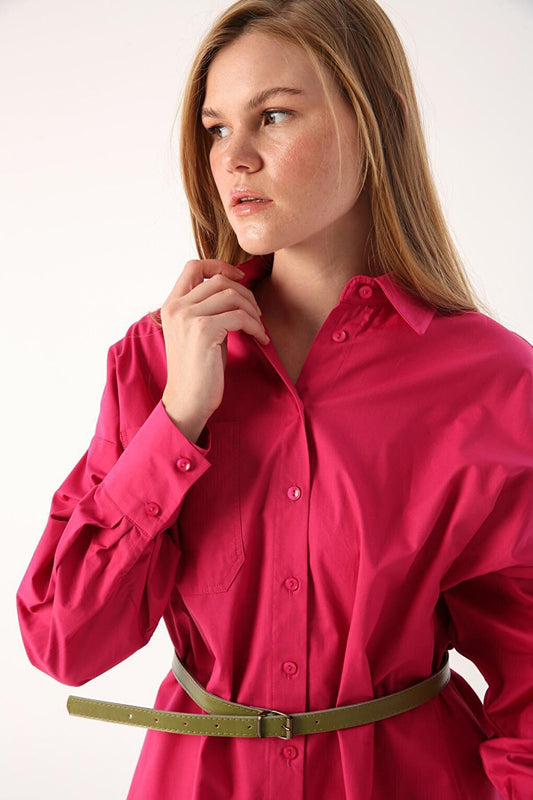 Fuchsia 100% Cotton Oversize Pocketed Shirt Tunic