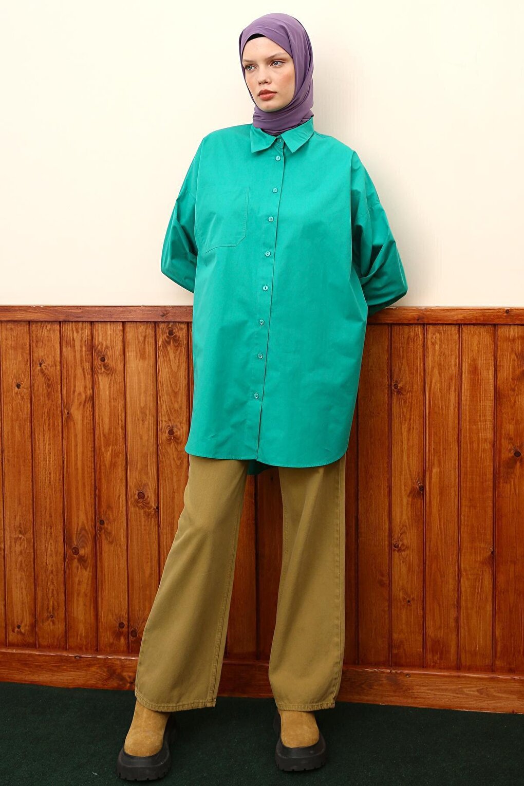 Green 100% Cotton Oversize Pocketed Shirt Tunic