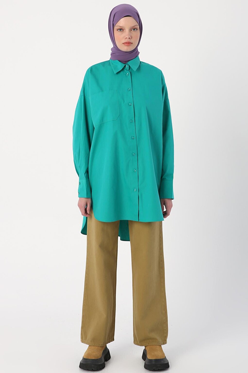 Green 100% Cotton Oversize Pocketed Shirt Tunic