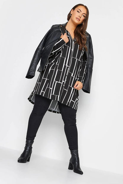 Large Size Geometric Patterned Long Cut Long Sleeve Shirt 321234