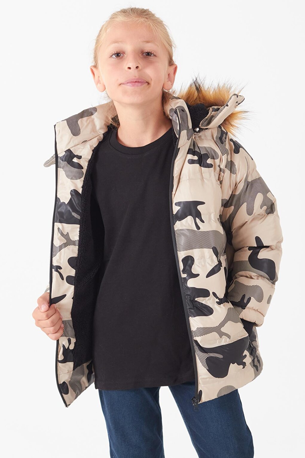 Boy's Coat Camouflage Patterned Hooded Puffer Coat 14538