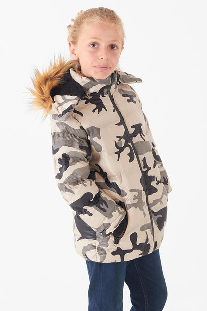 Boy's Coat Camouflage Patterned Hooded Puffer Coat 14538