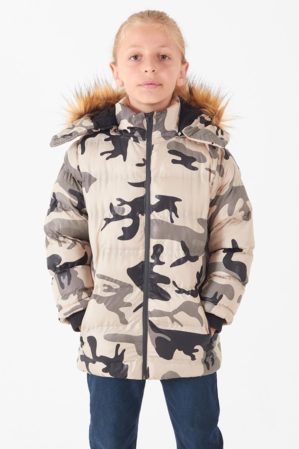 Boy's Coat Camouflage Patterned Hooded Puffer Coat 14538