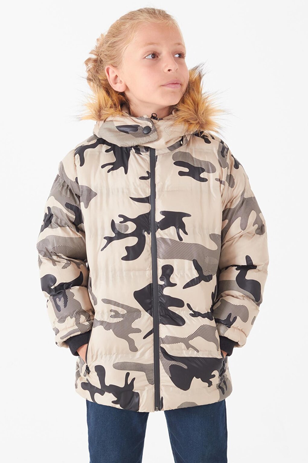 Boy's Coat Camouflage Patterned Hooded Puffer Coat 14538