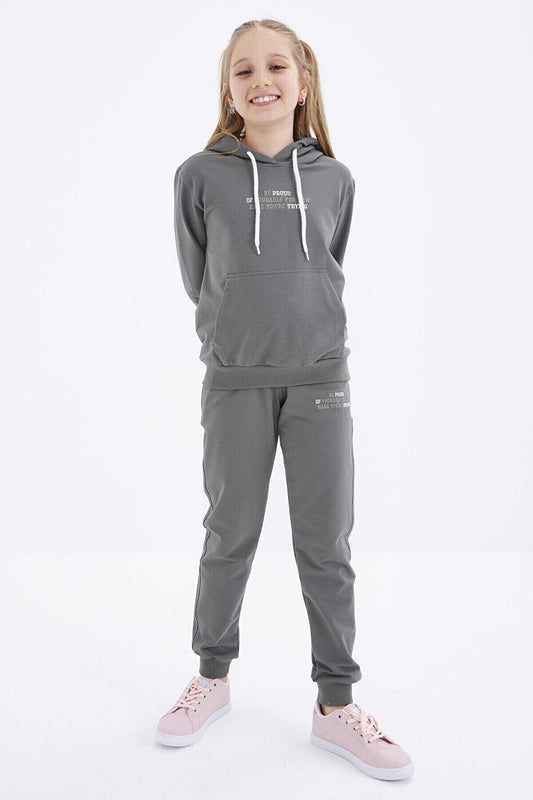 Çağla Text Embroidered Hooded Basic Comfortable Form Girl's Tracksuit - 75055