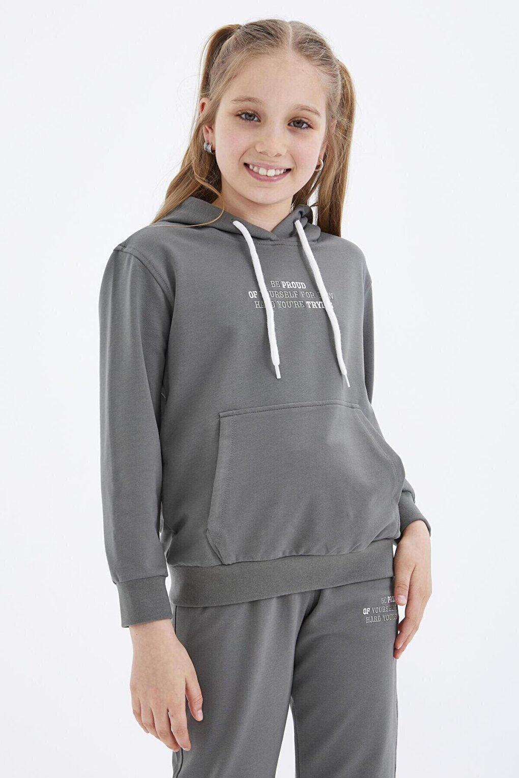 Çağla Text Embroidered Hooded Basic Comfortable Form Girl's Tracksuit - 75055