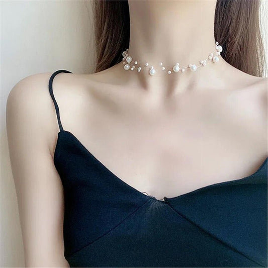 Transparent Choker Necklace with Three Rows of Pearls