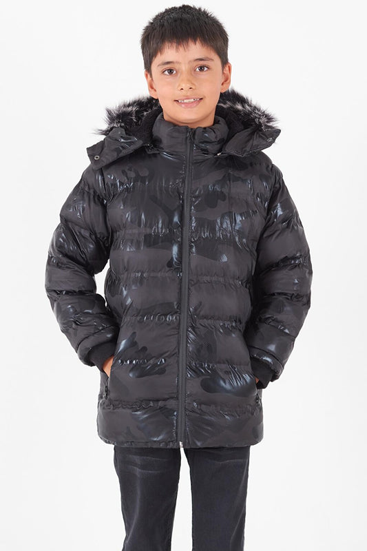 Boy's Coat Camouflage Patterned Hooded Puffer Coat 14538