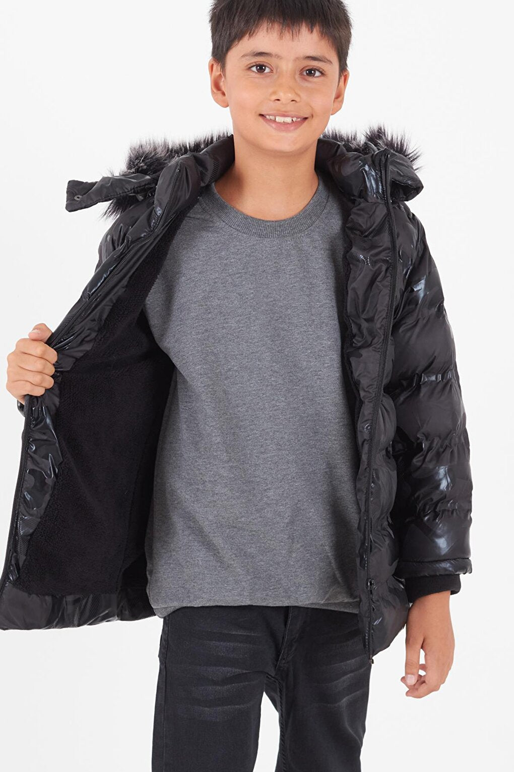 Boy's Coat Camouflage Patterned Hooded Puffer Coat 14538