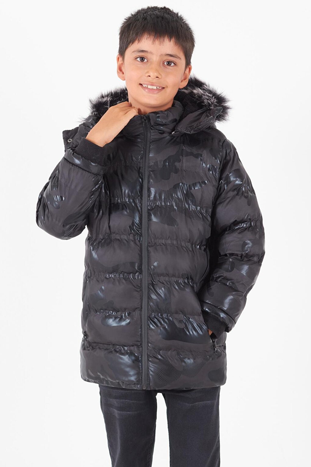 Boy's Coat Camouflage Patterned Hooded Puffer Coat 14538