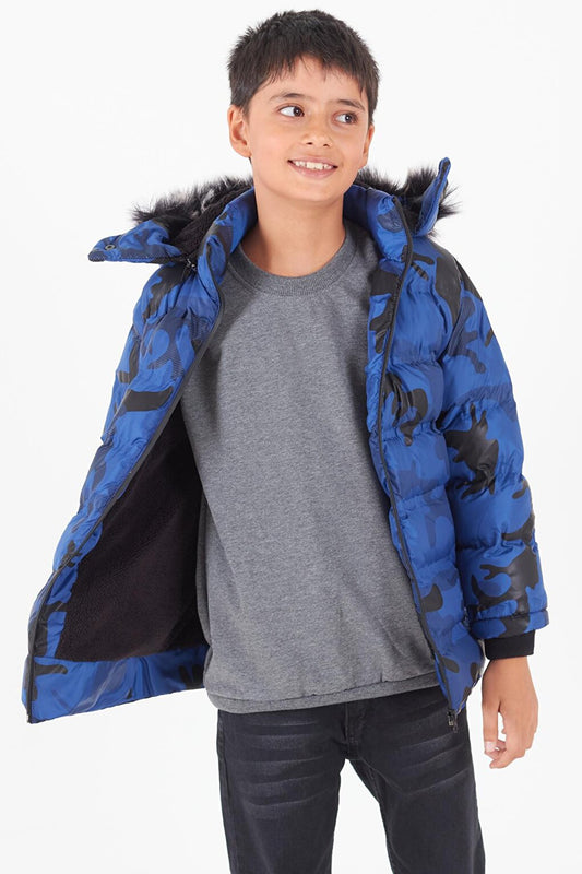 Boy's Coat Camouflage Patterned Hooded Puffer Coat 14538