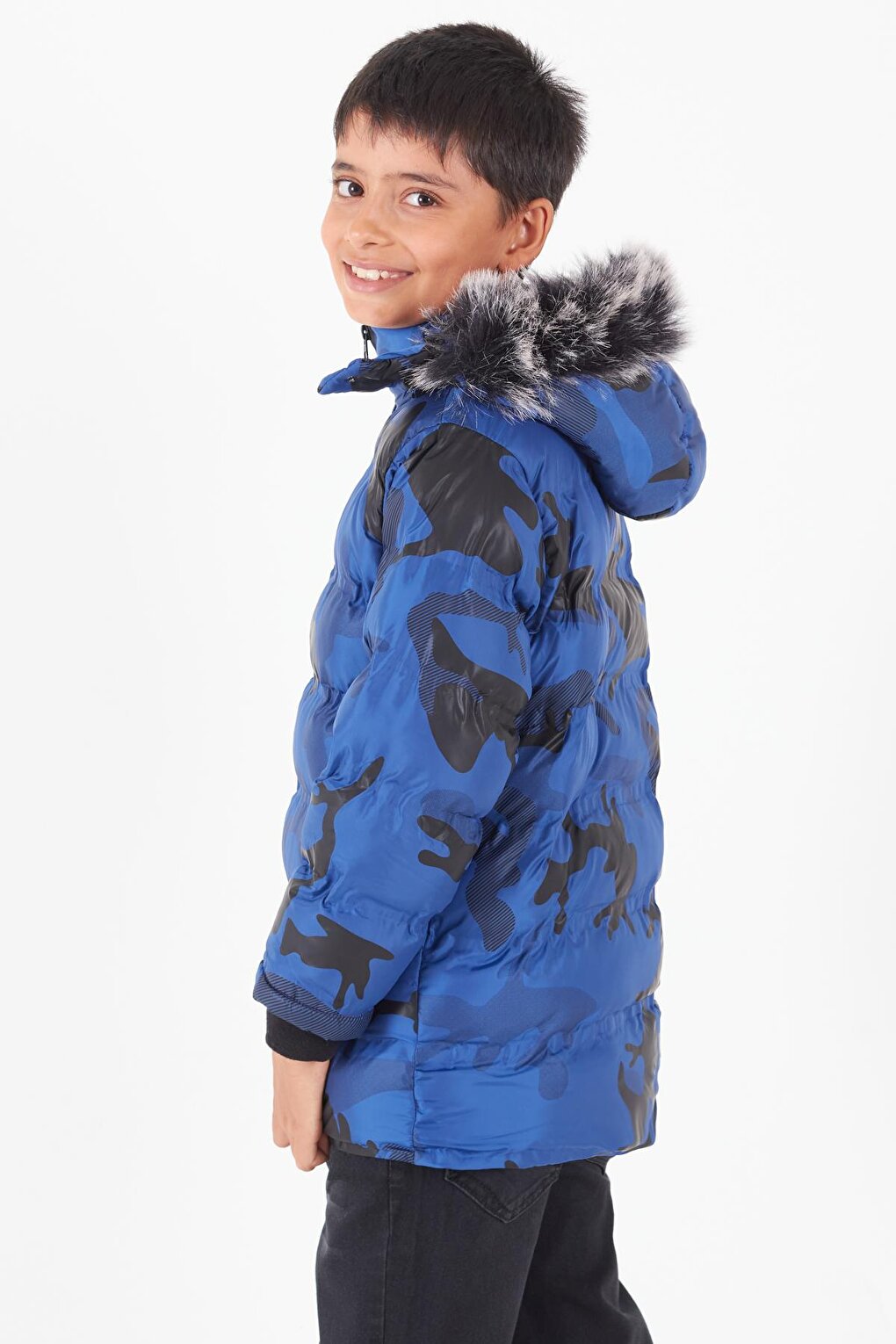 Boy's Coat Camouflage Patterned Hooded Puffer Coat 14538