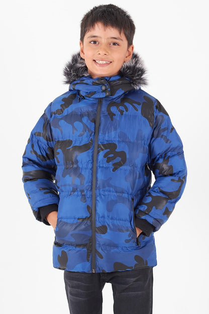 Boy's Coat Camouflage Patterned Hooded Puffer Coat 14538