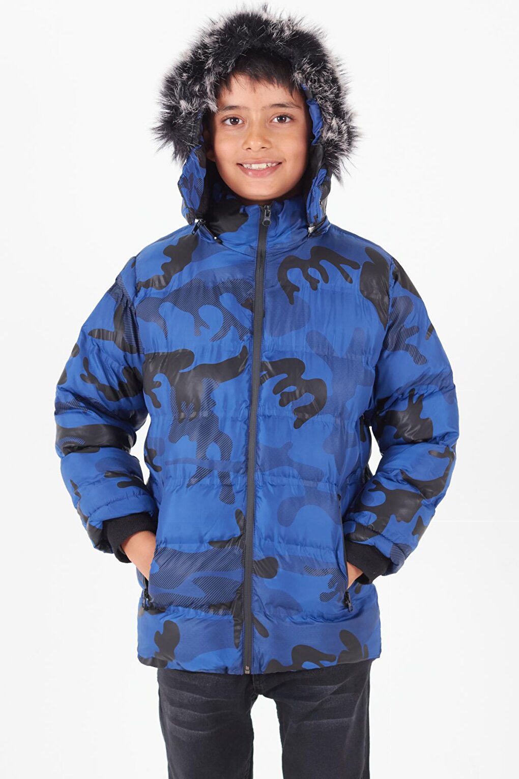 Boy's Coat Camouflage Patterned Hooded Puffer Coat 14538