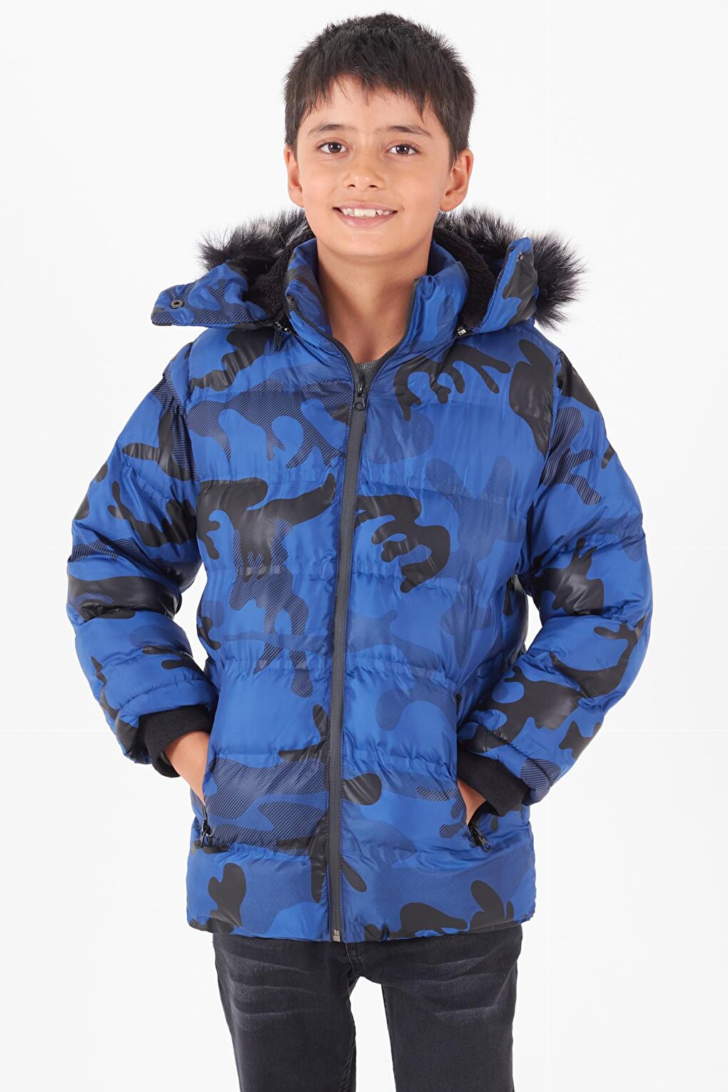 Boy's Coat Camouflage Patterned Hooded Puffer Coat 14538