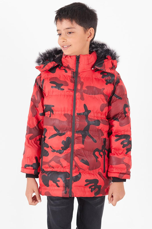 Boy's Coat Camouflage Patterned Hooded Puffer Coat 14538