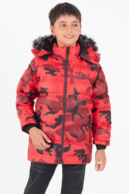 Boy's Coat Camouflage Patterned Hooded Puffer Coat 14538