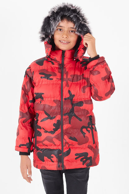 Boy's Coat Camouflage Patterned Hooded Puffer Coat 14538