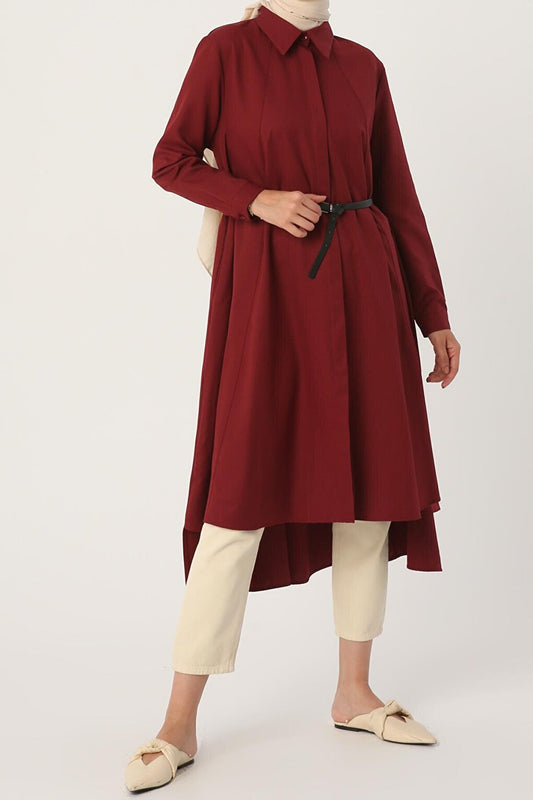 Claret Red Belted Buttoned Casual Shirt Tunic