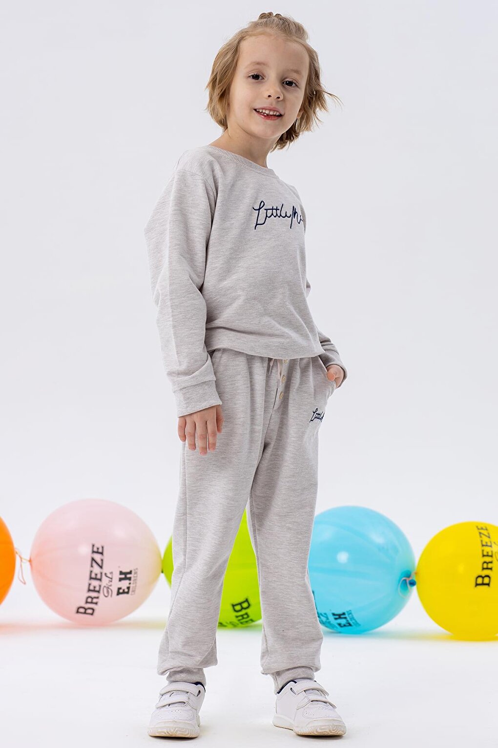 Boy's Tracksuit Set Embroidered Text Printed Beige Melange (Age 2-5)