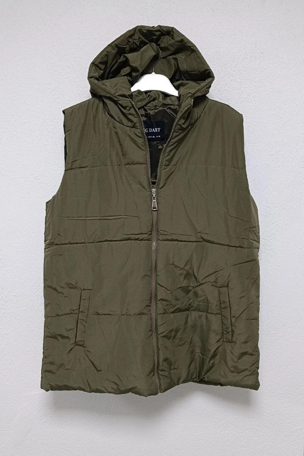 Khaki Hooded Zippered Short Puffer Vest