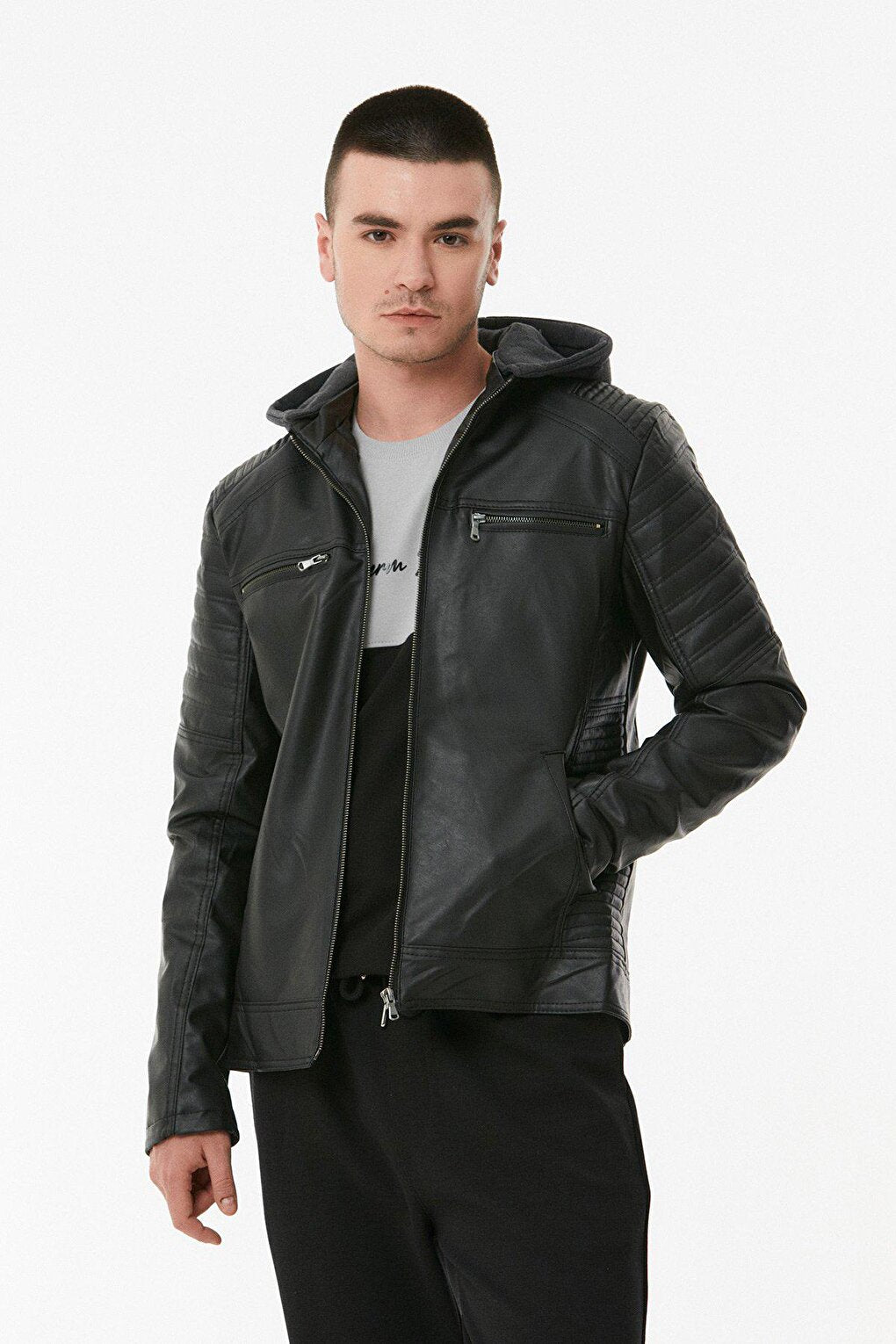 Faux Leather Hooded Jacket