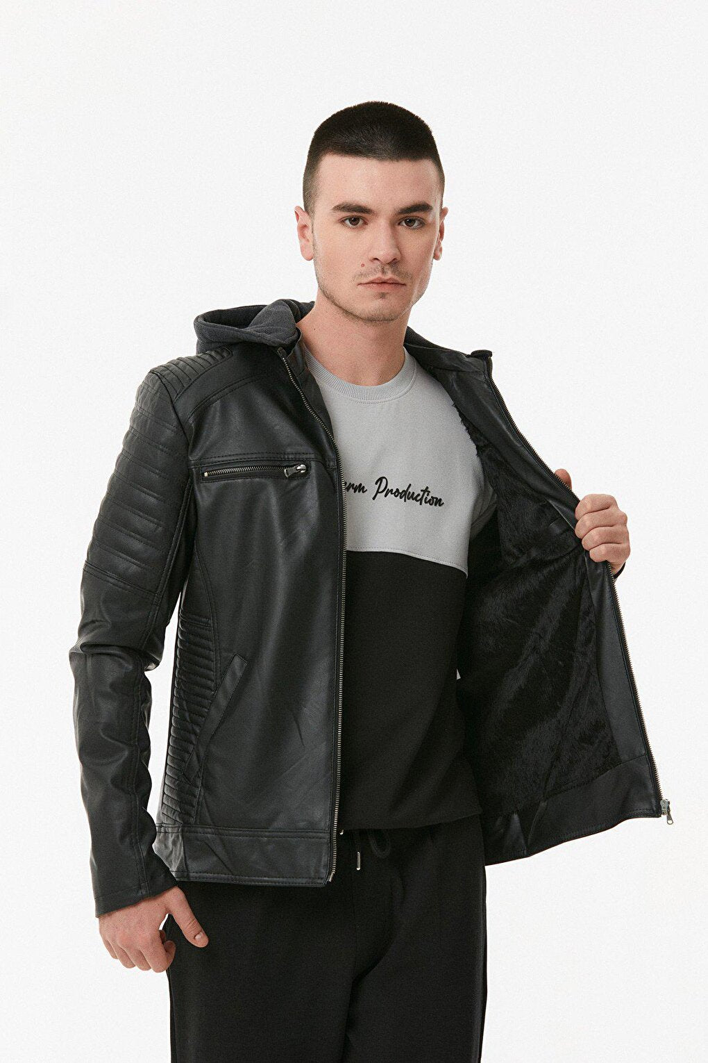 Faux Leather Hooded Jacket