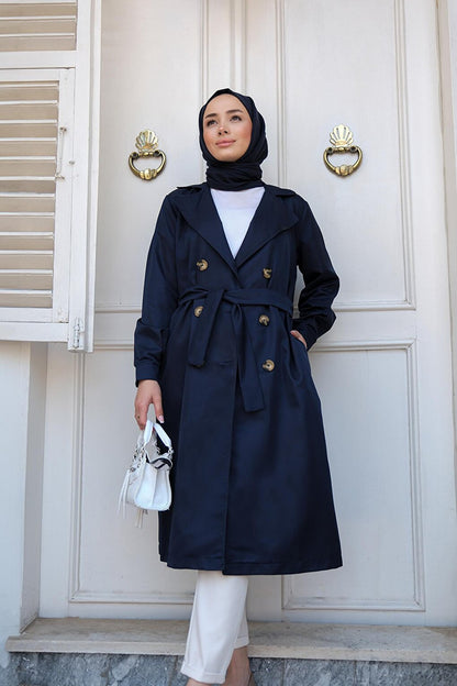 Waist Tied Trench Coat Navy Blue