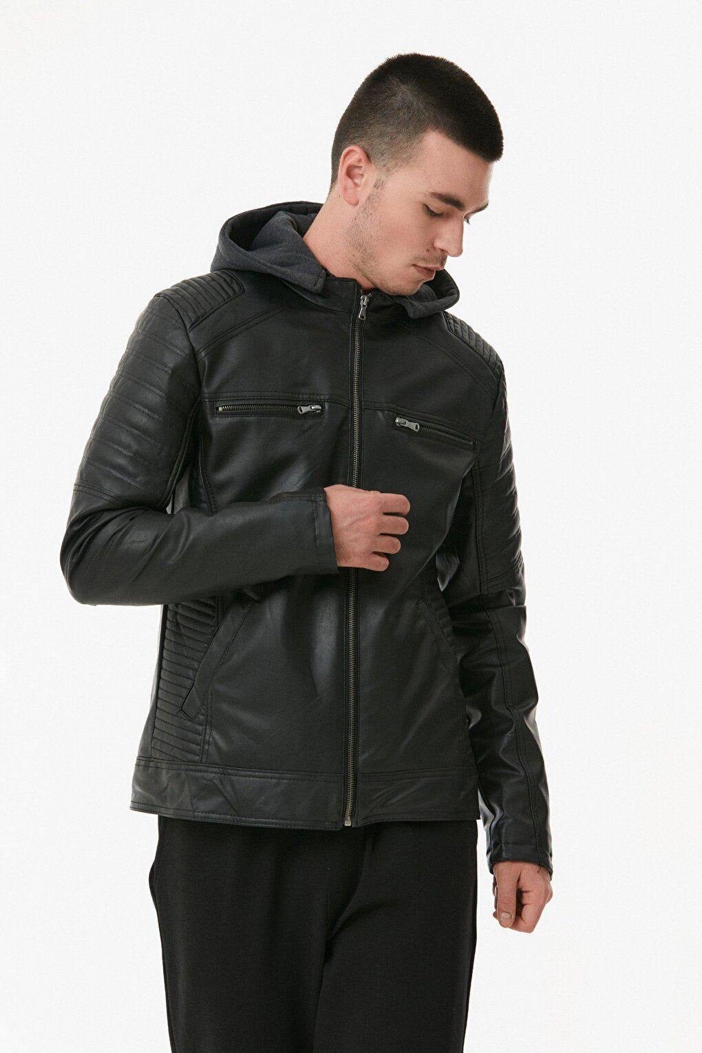 Faux Leather Hooded Jacket