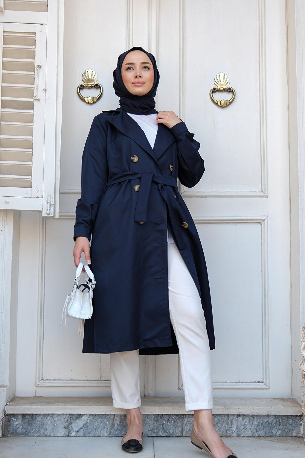 Waist Tied Trench Coat Navy Blue