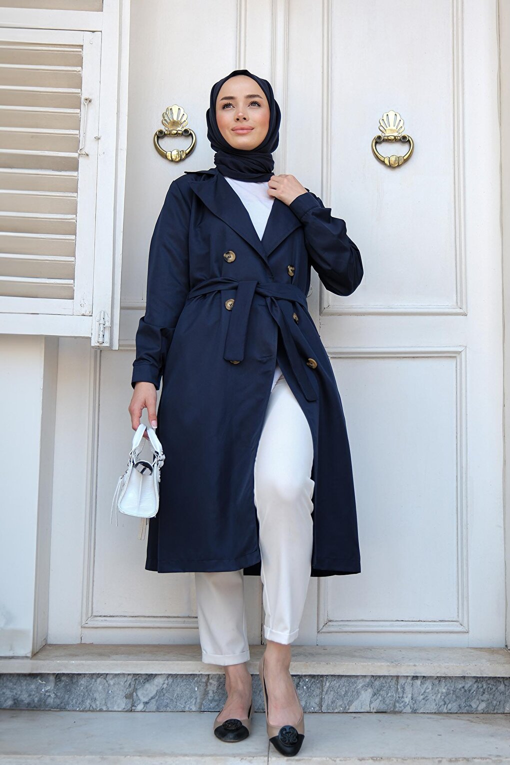 Waist Tied Trench Coat Navy Blue