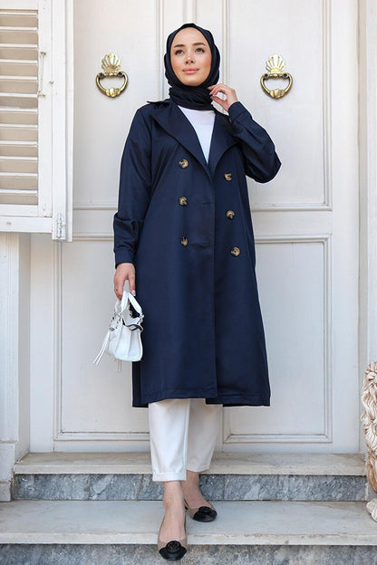 Waist Tied Trench Coat Navy Blue