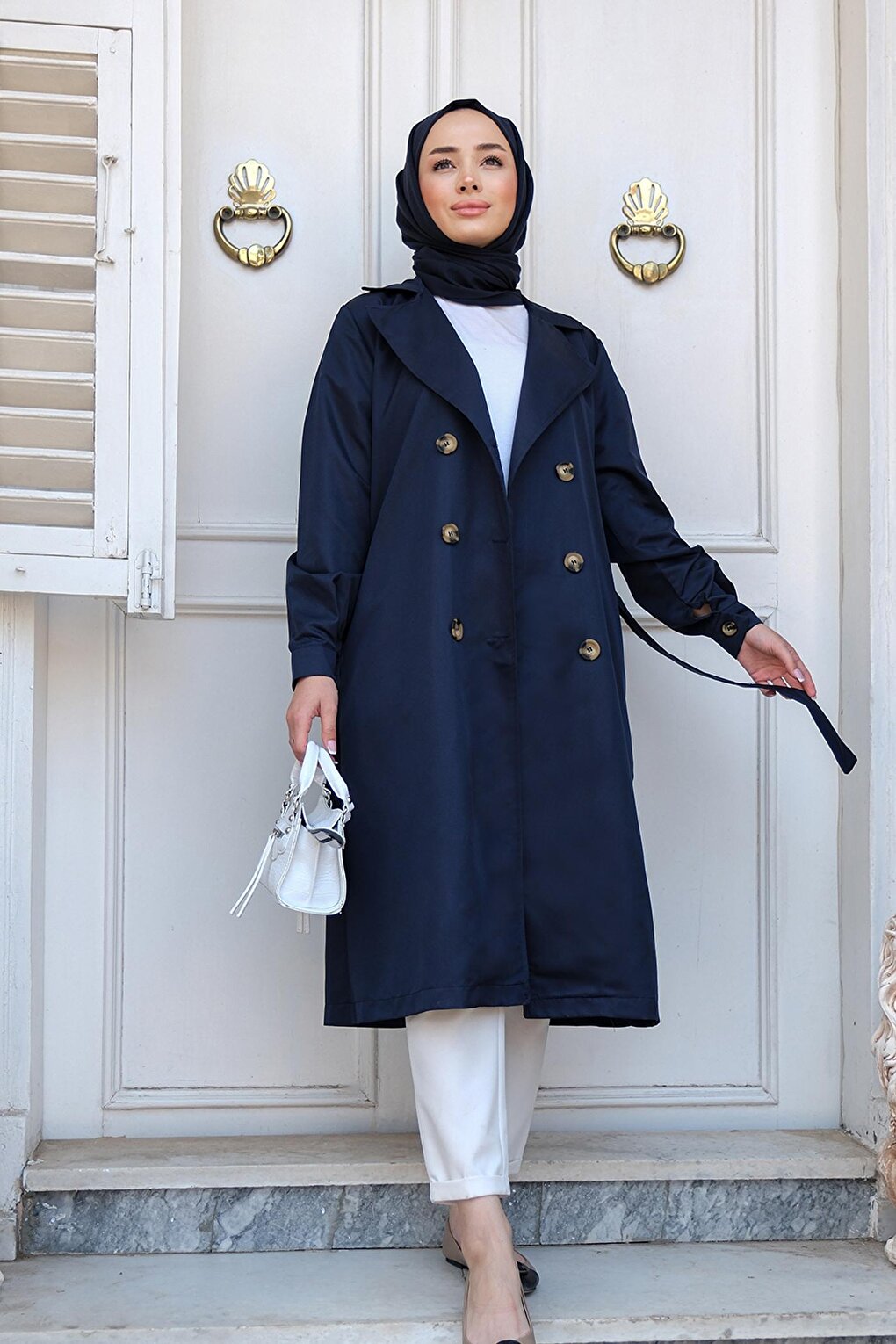 Waist Tied Trench Coat Navy Blue