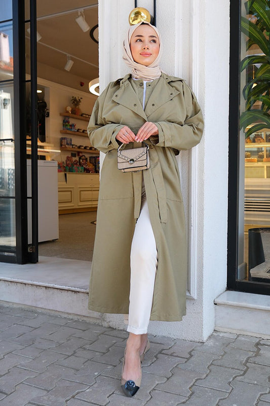 Snap-Flat Piece Trench Coat Khaki Green