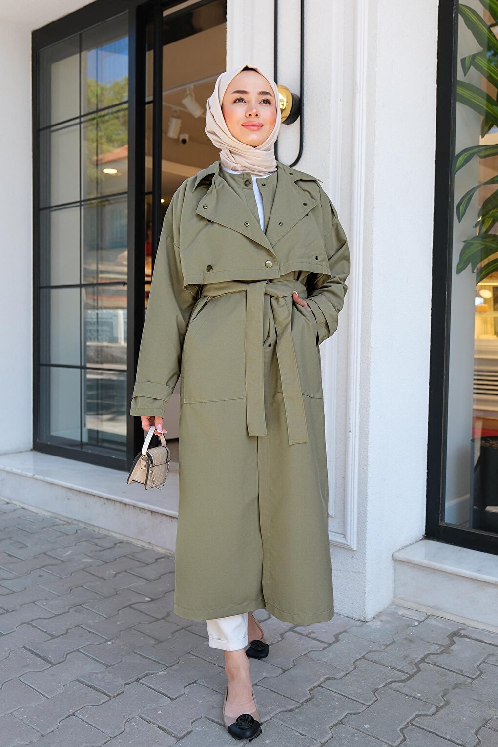 Snap-Flat Piece Trench Coat Khaki Green