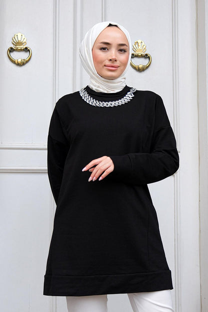 Crew Neck Necklace Tunic Black