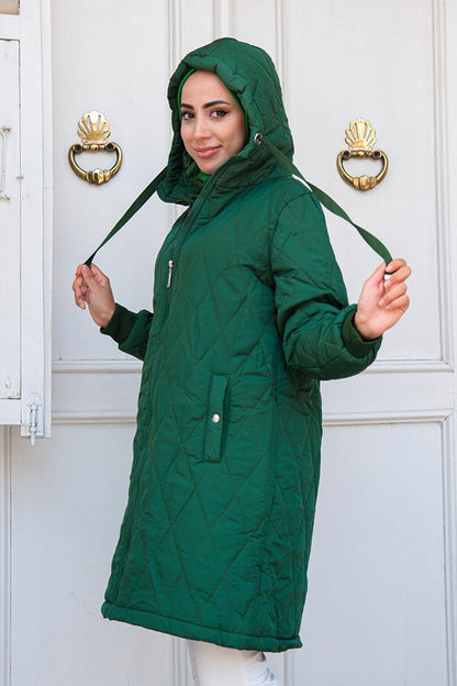 Diamond Patterned Hooded Coat Emerald Green