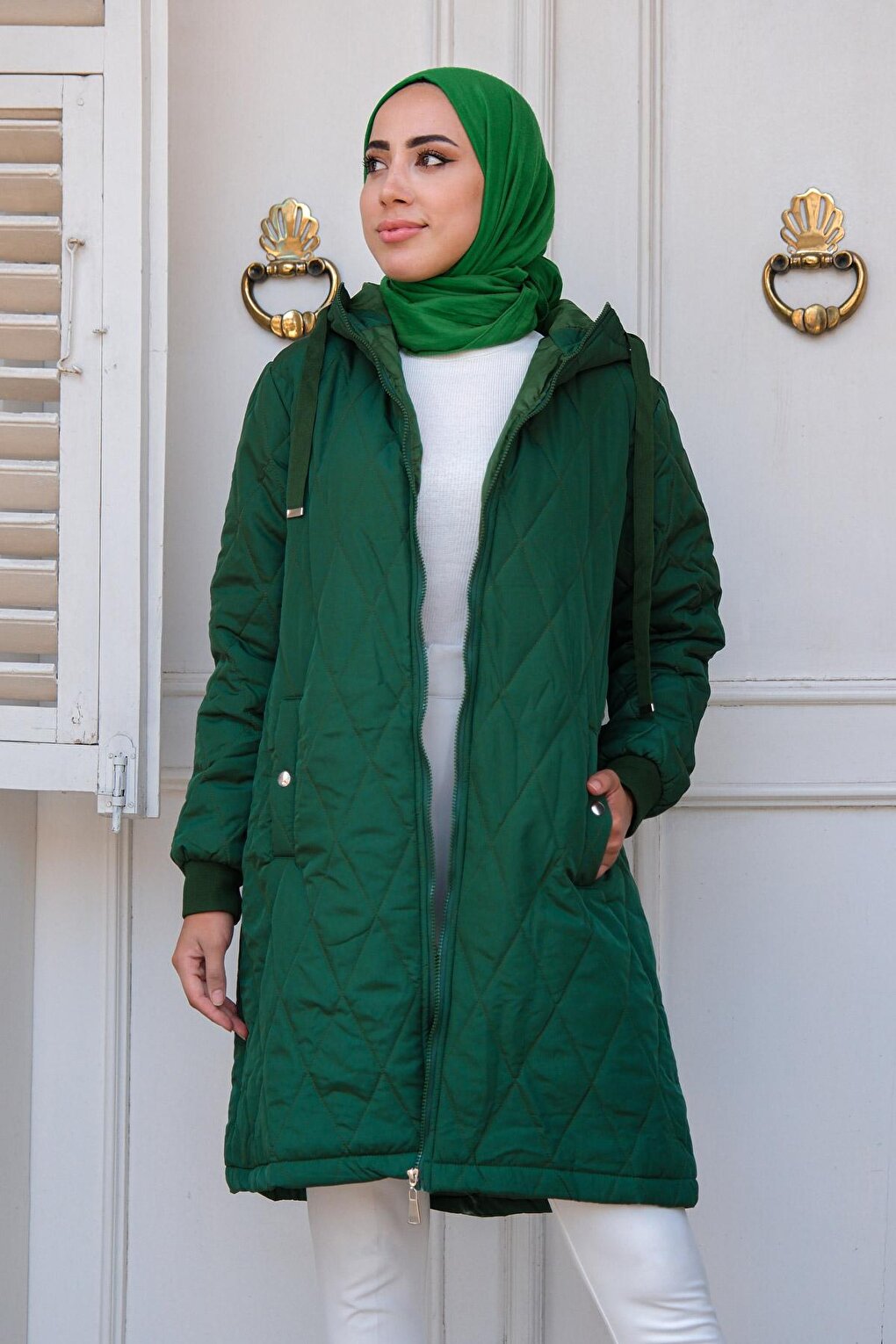 Diamond Patterned Hooded Coat Emerald Green