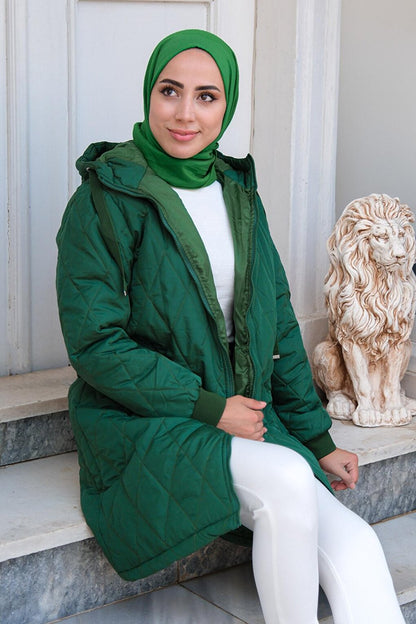 Diamond Patterned Hooded Coat Emerald Green