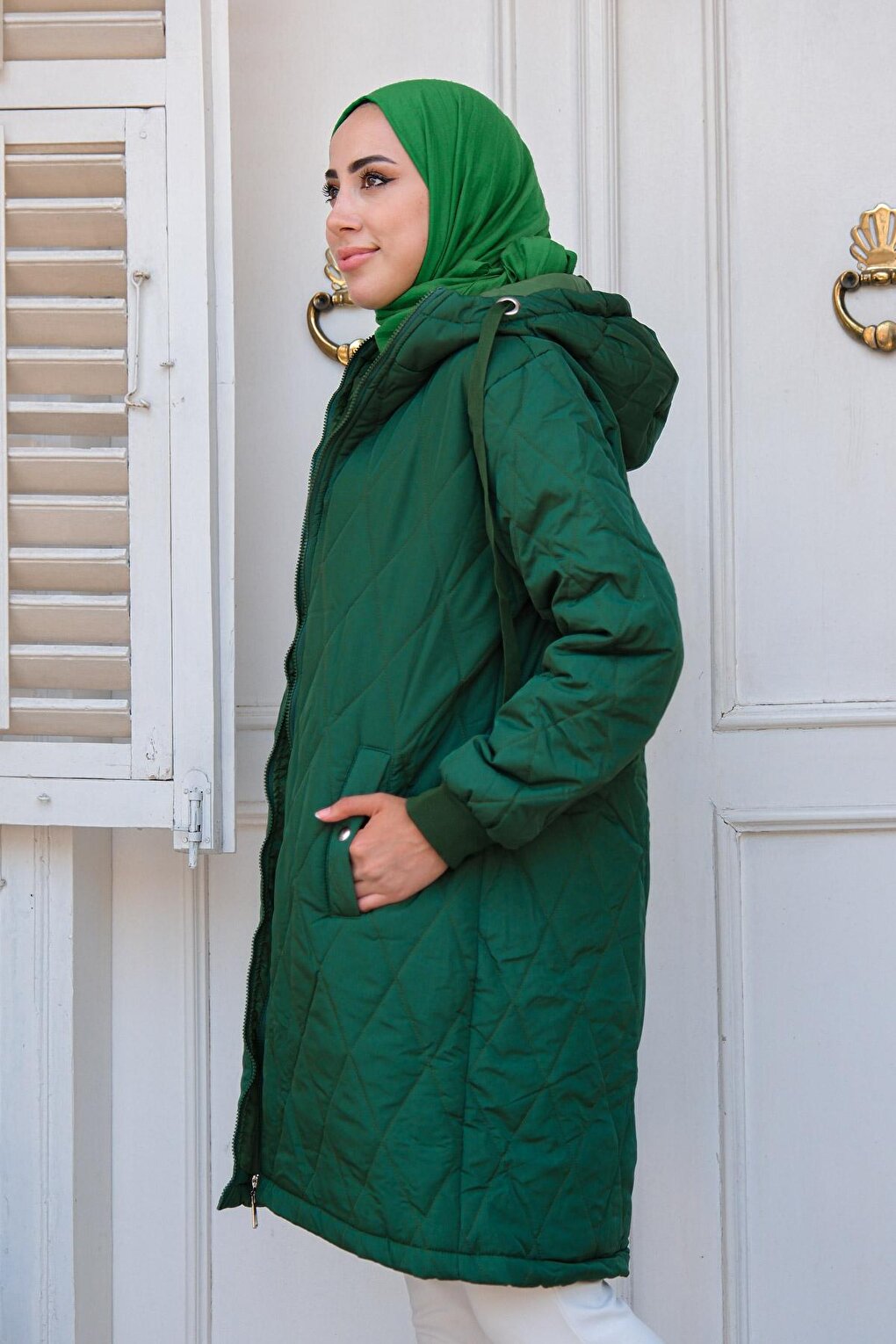 Diamond Patterned Hooded Coat Emerald Green