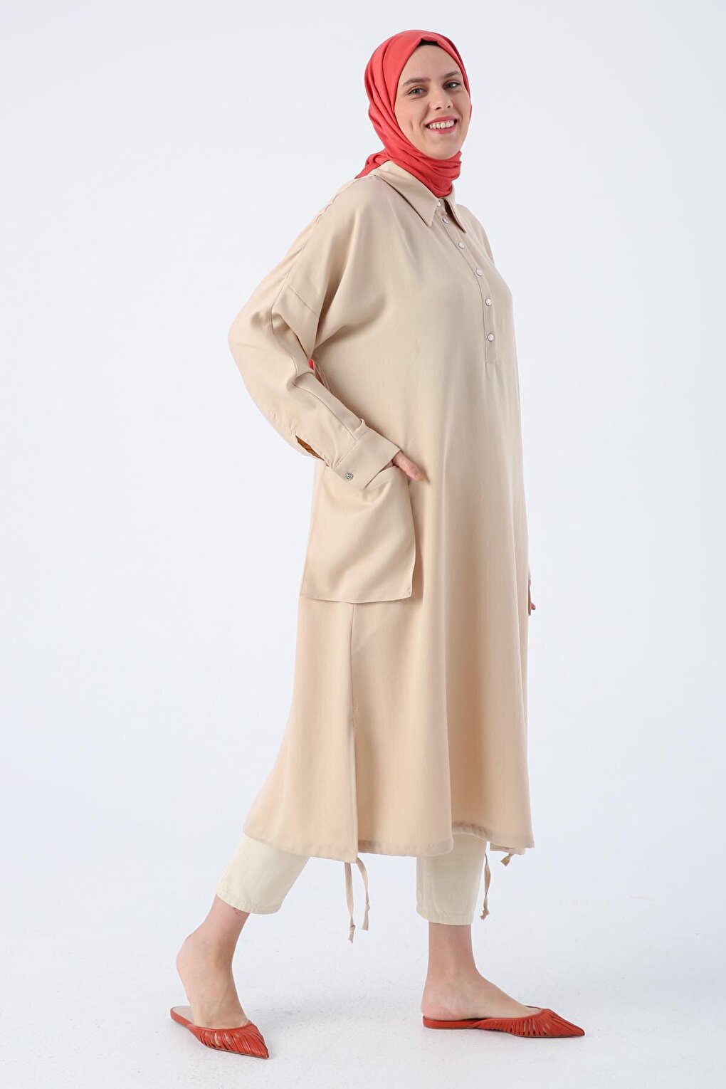 Beige Bat Sleeve Skirt with Gather Detail and Large Pocket Tunic