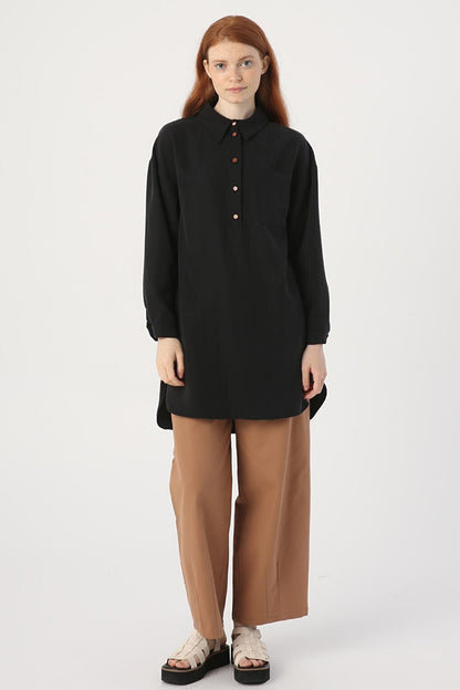 Black Half Placket Shirt Collar Single Pocket Tunic