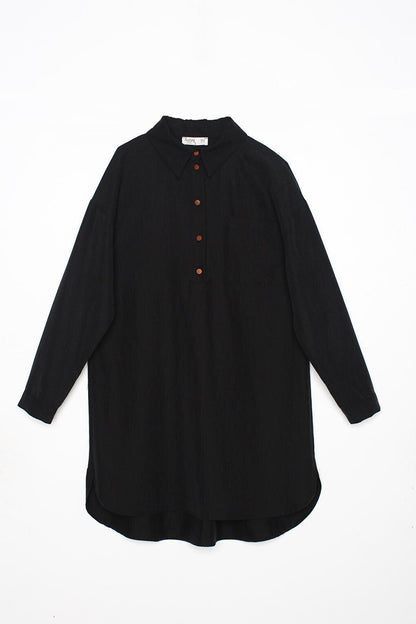 Black Half Placket Shirt Collar Single Pocket Tunic