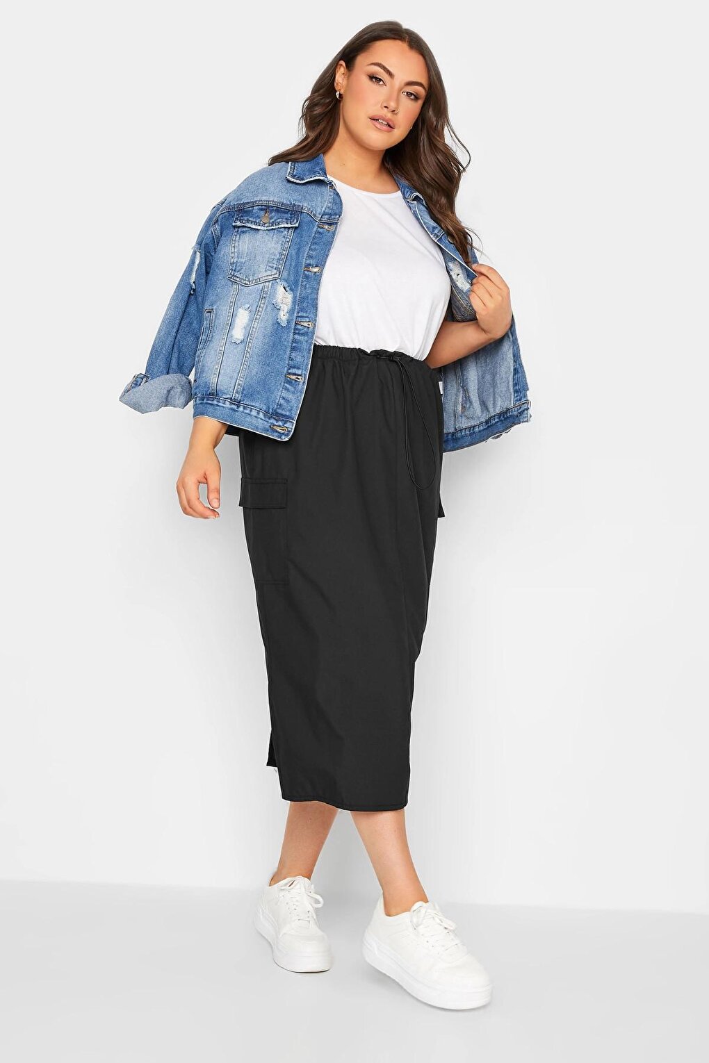 Plus Size Midi Length Gathered Waist Cargo Skirt with Back Slit 302036