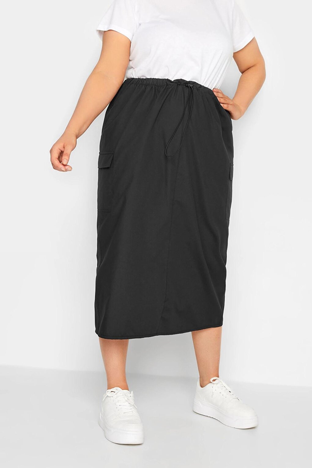 Plus Size Midi Length Gathered Waist Cargo Skirt with Back Slit 302036