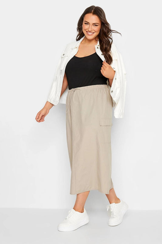 Plus Size Midi Length Gathered Waist Cargo Skirt with Back Slit 302038